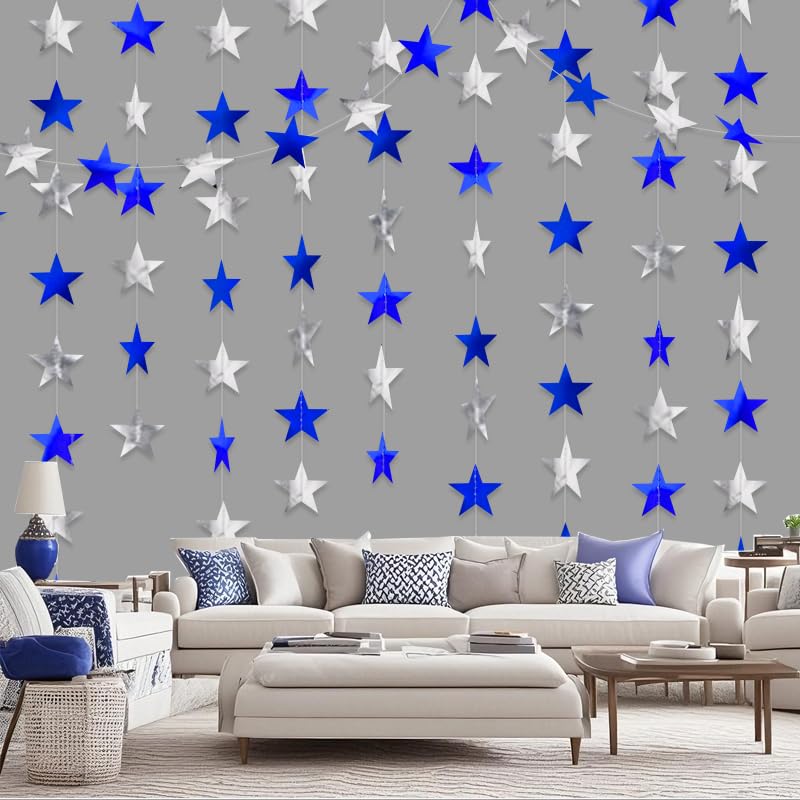 Image of Blue Silver Shining Star Hanging Garland Blue Silver Hanging Sparkling Star Streamer Bunting Banner Twinkle Backdrop for Wedding Baby Shower Birthday Christmas Decorations 40 Feet