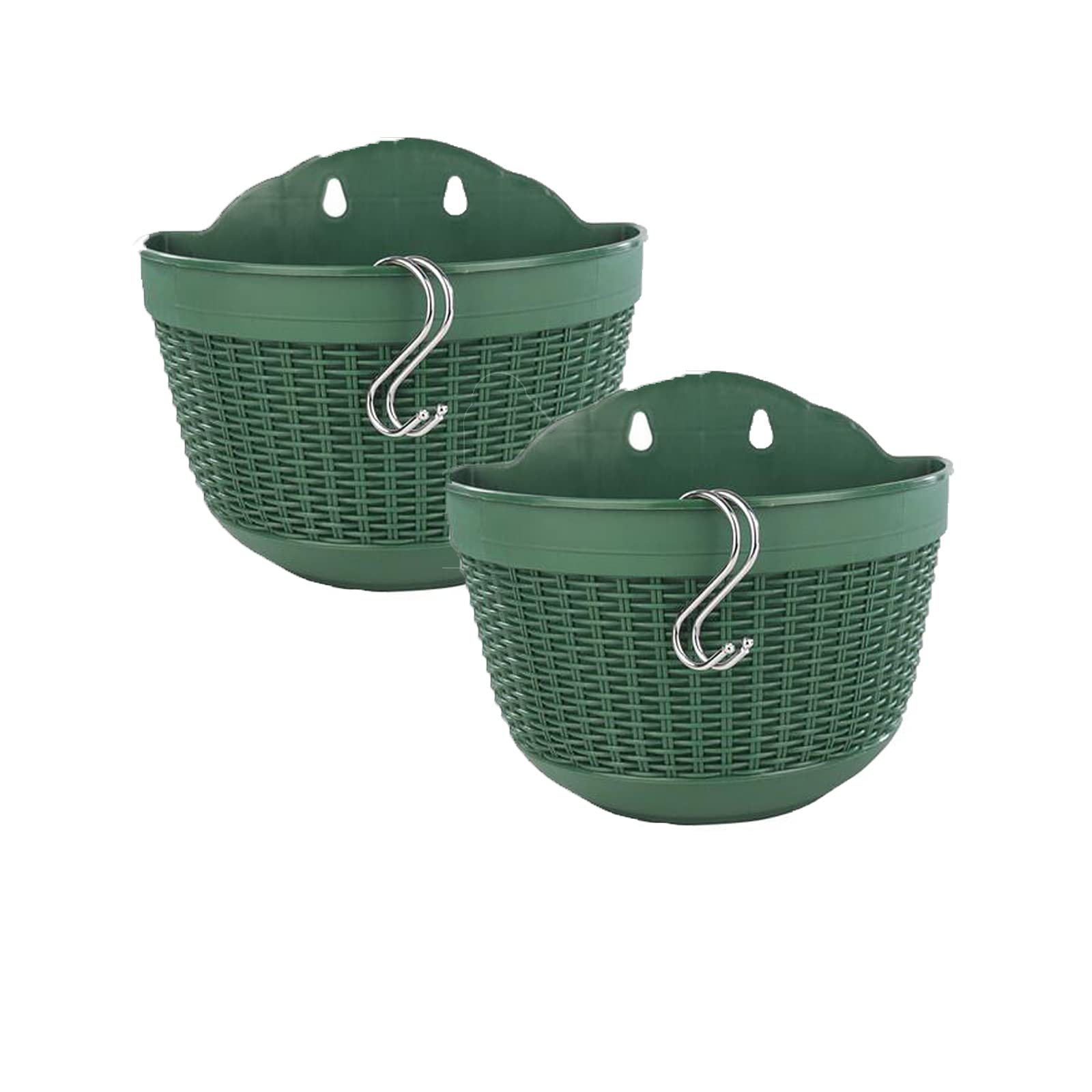 Wiszące doniczki 2 sztuki wisząca doniczka na ścianę plastikowa doniczka na kwiaty z drenażem i 4 haczykami do ogrodzenia montaż na ścianie doniczka, ciemnozielona-średnia