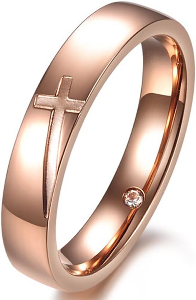 Fashion Month Women 4mm Vintage Stainless Steel Engrave Cross Rose Gold Ring Christian Engagement Wedding Band CZ Inlay