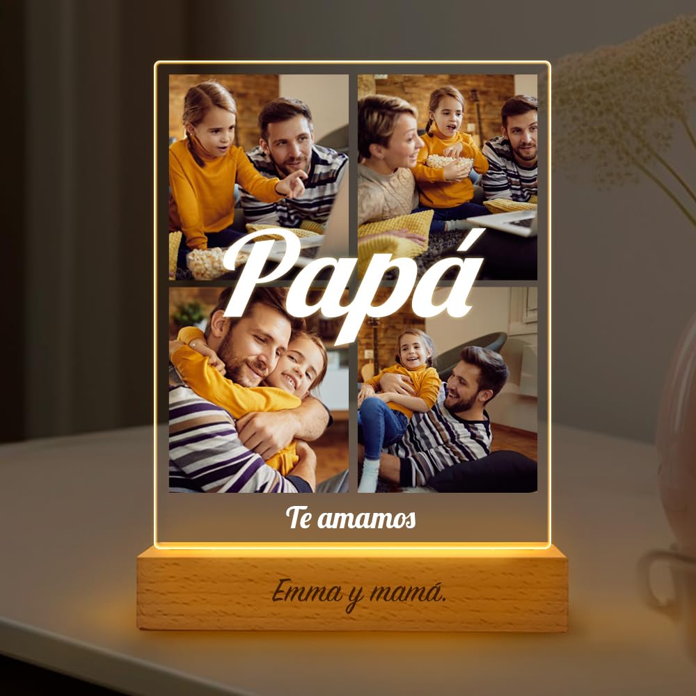 Transparent Gift Lámpara Personalizada con 4 Fotos Collage. Lámparas Personalizadas Luz LED. Regalos Personalizados con Foto para Hombre. Regalos Día del Padre. Regalos para Padres. Regalos Cumpleaños