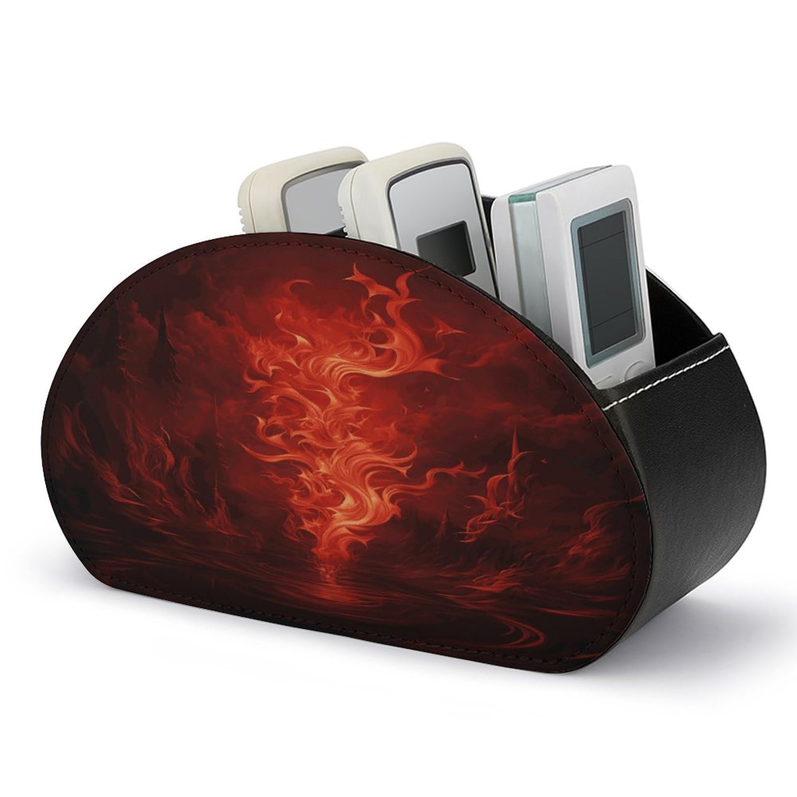 FekiLoot Red Flame TV Remote Control Holder with 5 Compartments Multi-functional Leather Bedside Table Remote Caddy Desktop Storage Box for Store Pen Controller Media Player Cosmetic