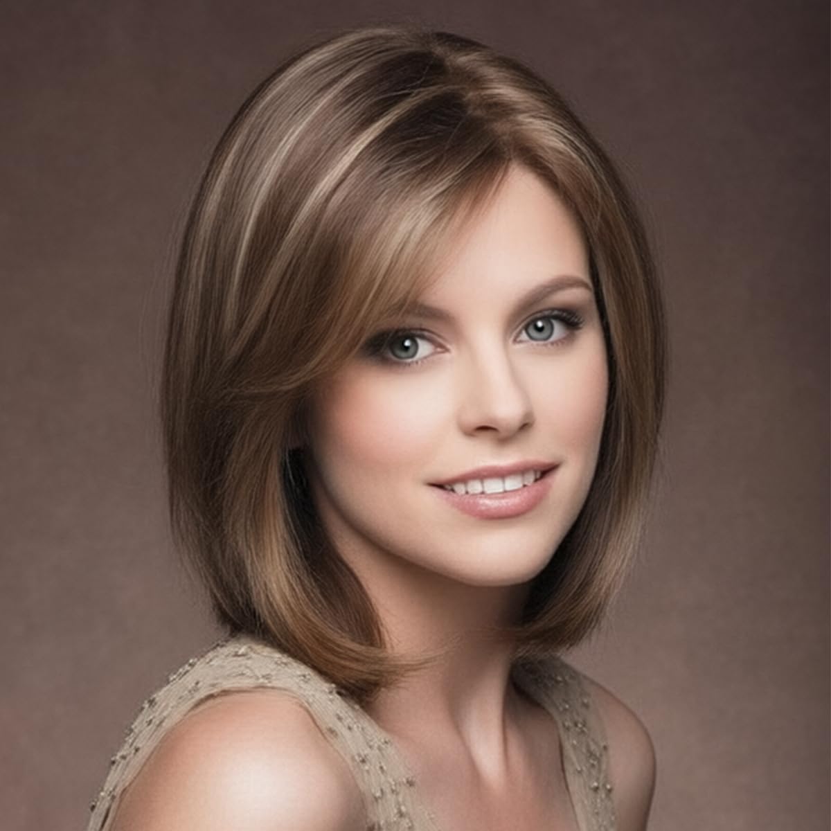 SEVENCOLORS Short Brown Mixed Blonde Bob Wigs for White Women Shoulder Length Synthetic Hair Wigs with Side Bangs Straight Blonde Highlights Women’s