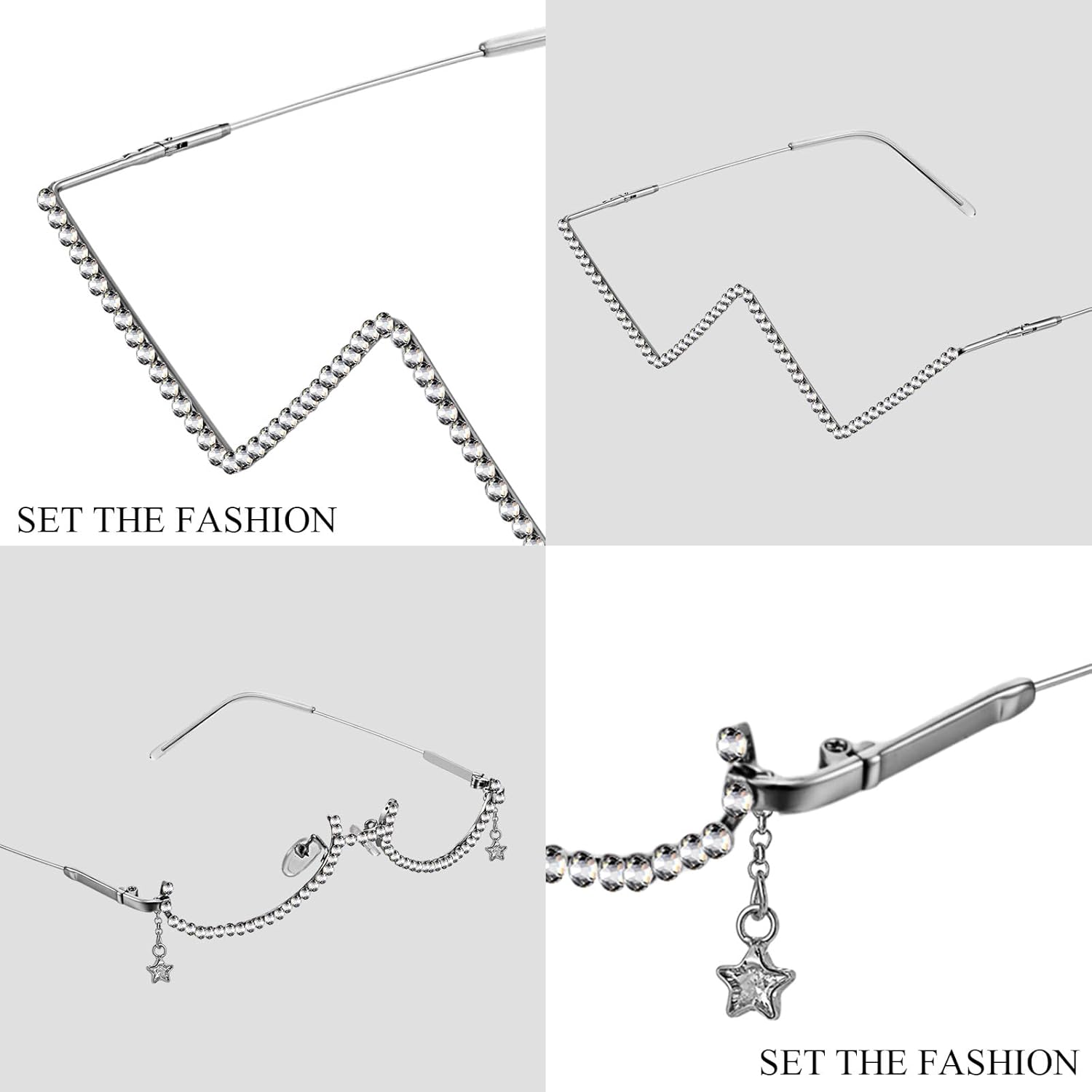 Kanayu 4 pcs No Lens Diamond Glasses Frame V shape Rhinestone Sunglasses Half Frame Crystal Metal Eyeglasses for Women - Image 3