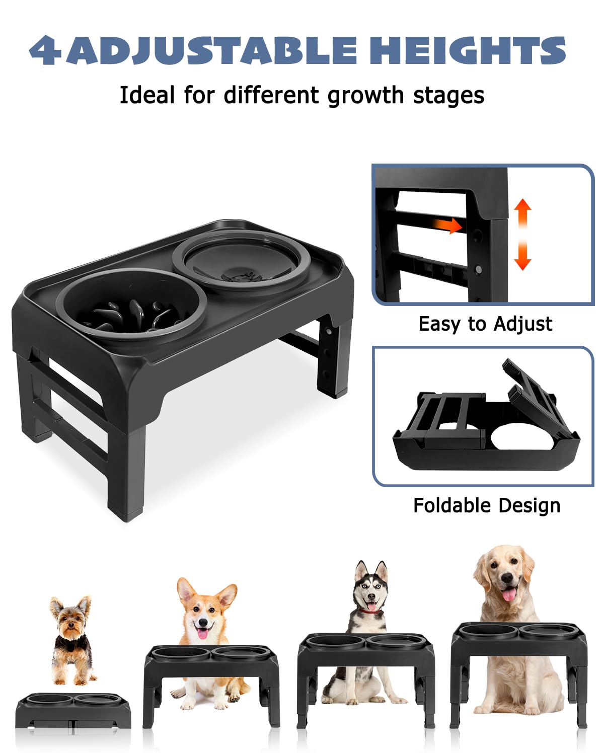 Ciotole per cani rialzate con 4 altezze regolabili, con ciotole per cibo lento e set di ciotole per acqua anti-fuoriuscite, regolabili ad altezze 8,1 cm, 22,1 cm, 25,9 cm, 30 cm, per animali domestici
