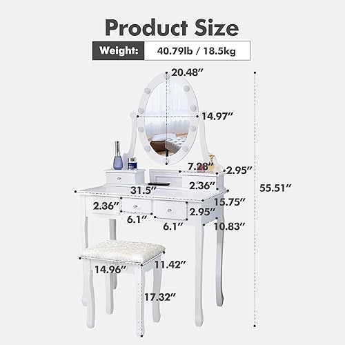 Miniatura 2 de Juego de tocador de maquillaje y taburete, espejo de tocador con luces y juego de mesa, pequeña mesa de tocador para dormitorio (blanco)
