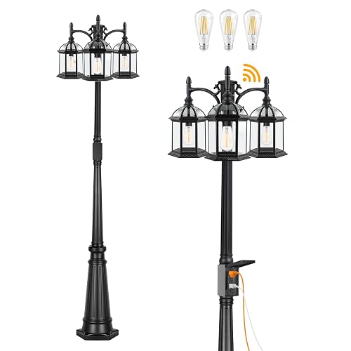 Dusk to Dawn Outdoor Lamp Post Light with GFCI Outlet, Triple Head Aluminum Street Light Post for Outside with Sensor, Waterproof Birdcage Pole Lighting Fixture for Backyard Garden Patio Driveway - Birdcage Black