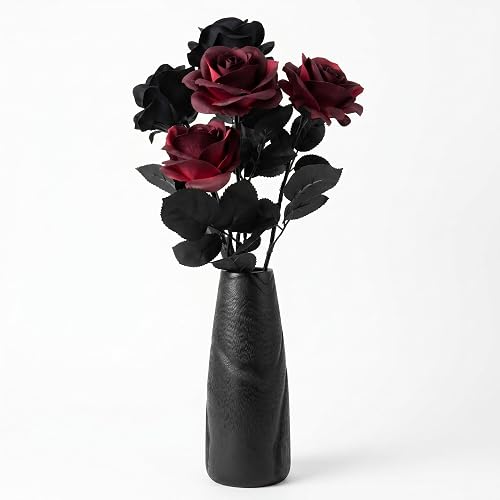 9.1" H Carbonized Black Wood Vase with 5 Artificial Roses | Includes 1 charred paulownia wood vase plus 5 dark silk roses for gothic, Halloween, wedding, and tabletop decor
