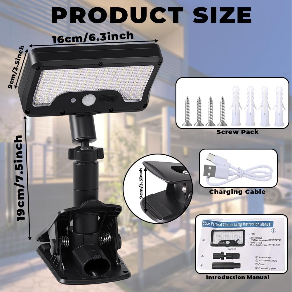 2X Clip On Solar Lights Outdoor with Motion Sensor, 2-Color 3 Modes Lighting (92 LEDs, 600 LM, 6000 K) IP65 Waterproof, 360° Adjustable Flexible Clamp for Fences Gardens Decks Camping Gutter