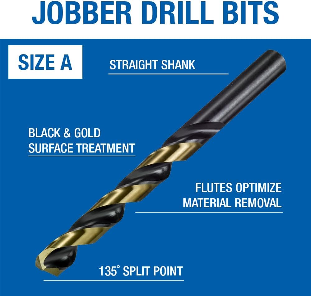 Champion Cutting Tool Heavy Duty Drill Bits with Black and Gold Surface Treatment (Size A) - 12 PCS - 135 Degree Split Point, Drill bits For Metal, Stainless Steel, High Tensile Alloy Steels