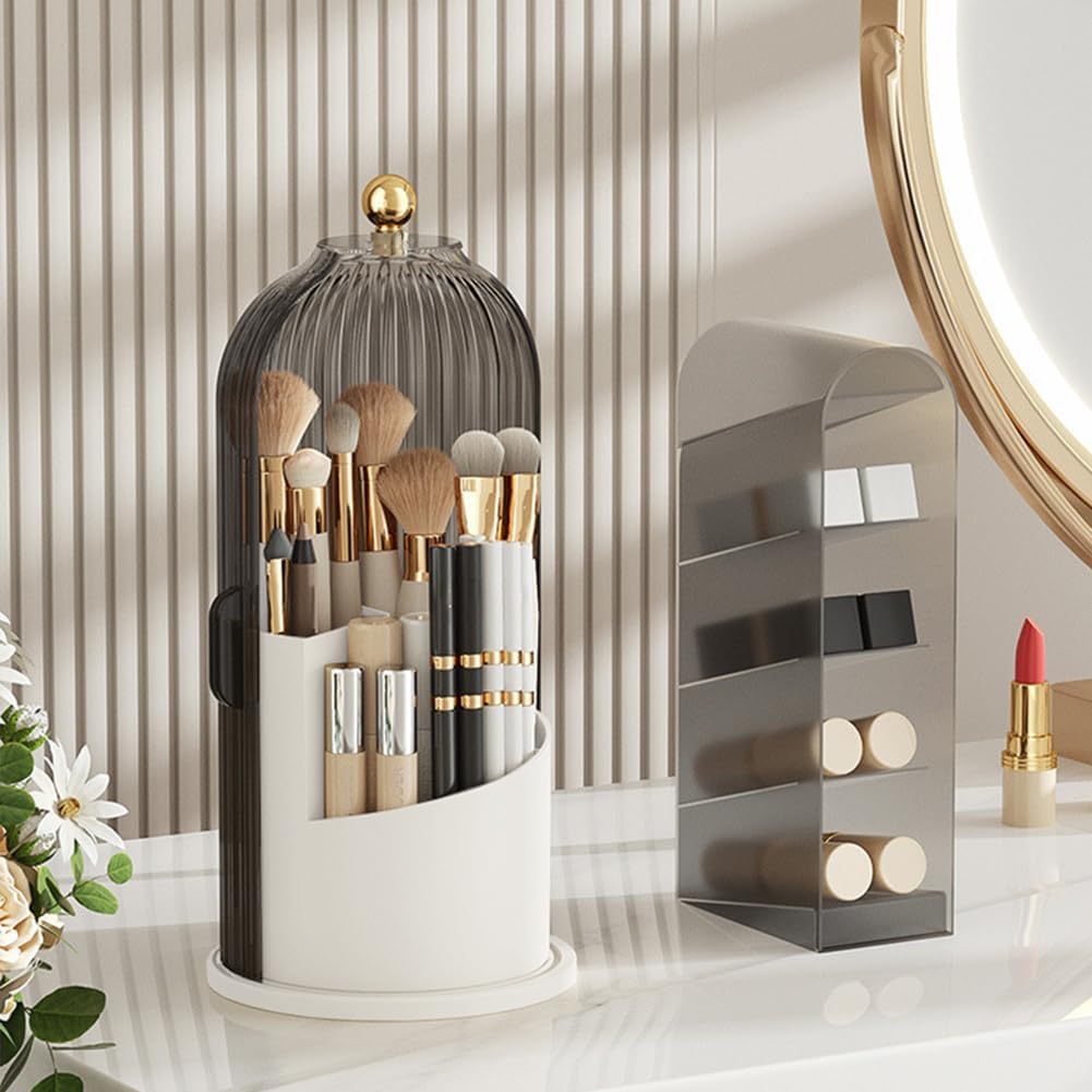 Makeup Brush Holder with Lid, 360 Rotating Sliding Opening Cosmetic Tools Organizer, Waterproof Dustproof Makeup Brush Organizer for Vanity Desktop Bathroom Countertop(COLOR:White And Black)