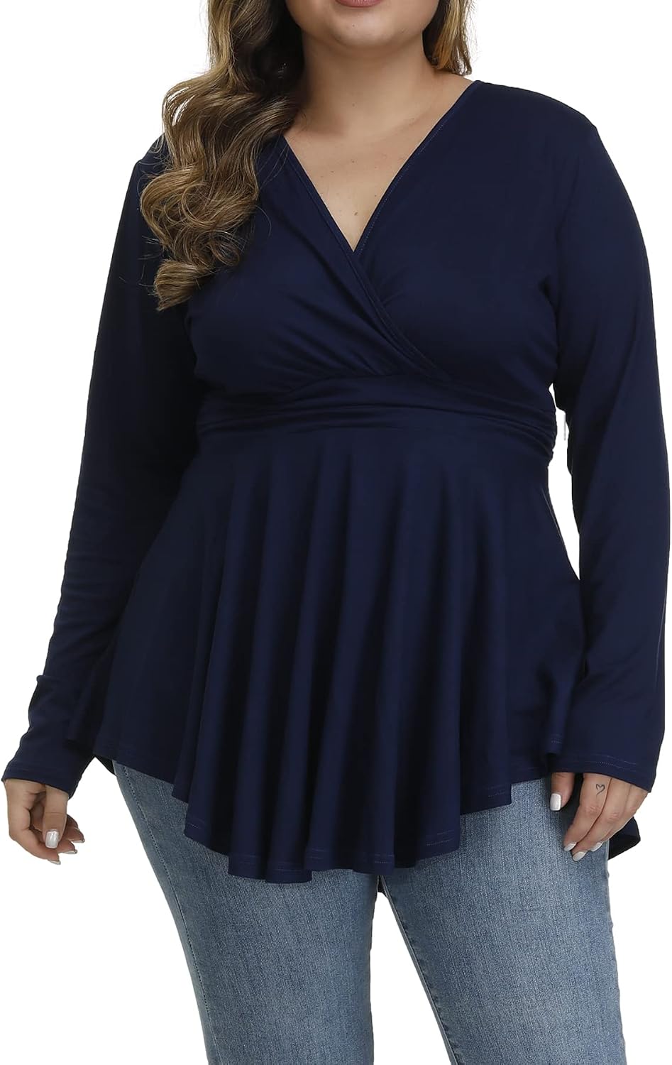ALLEGRACE Plus Size Tunic Women Long Sleeve Leopard Print Tops Pleated Casual V Neck Tunics