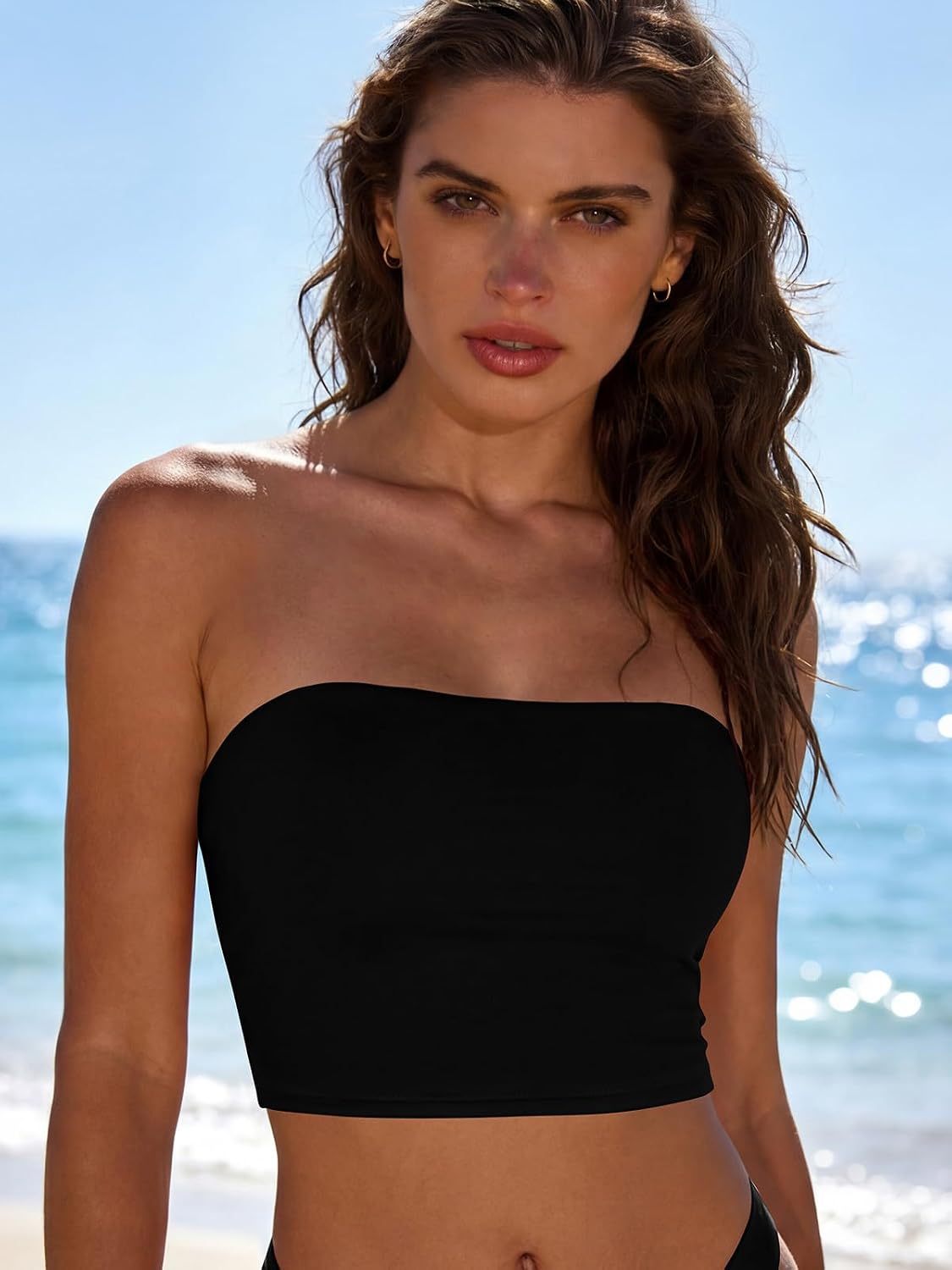 SHEKINI Women's Sports Bikini Top Bandeau with Detachable Shoulder Straps Padded Swimsuit Athletic Bathing Suit(Top Only)
