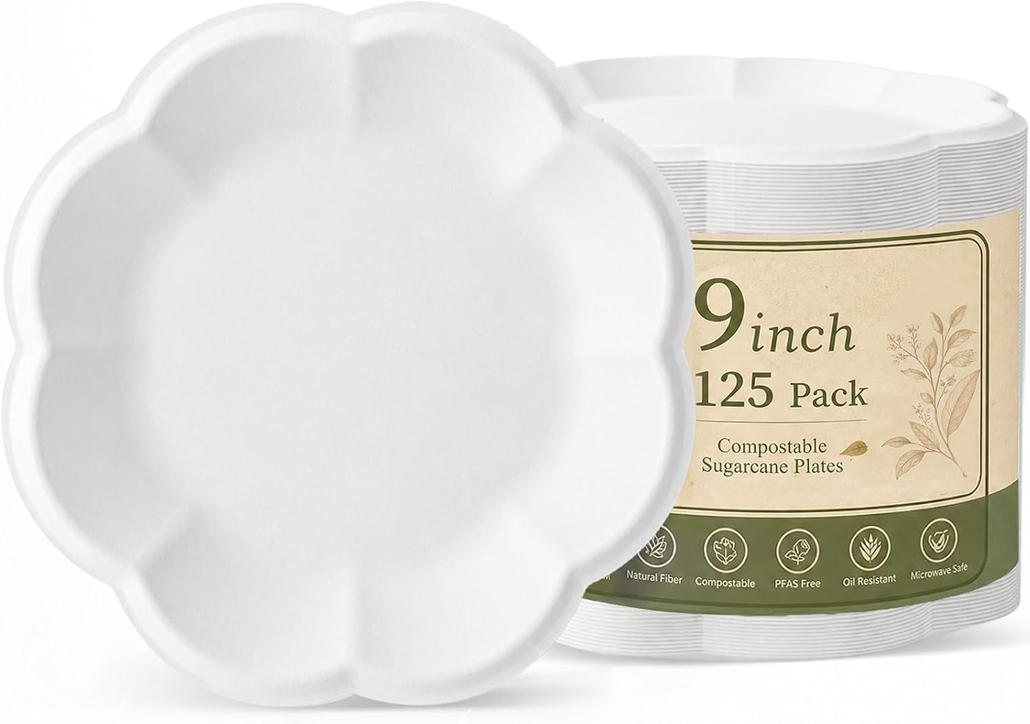 I00000 125PCS 9inch Compostable Plates, Disposable White Dinner Plates.