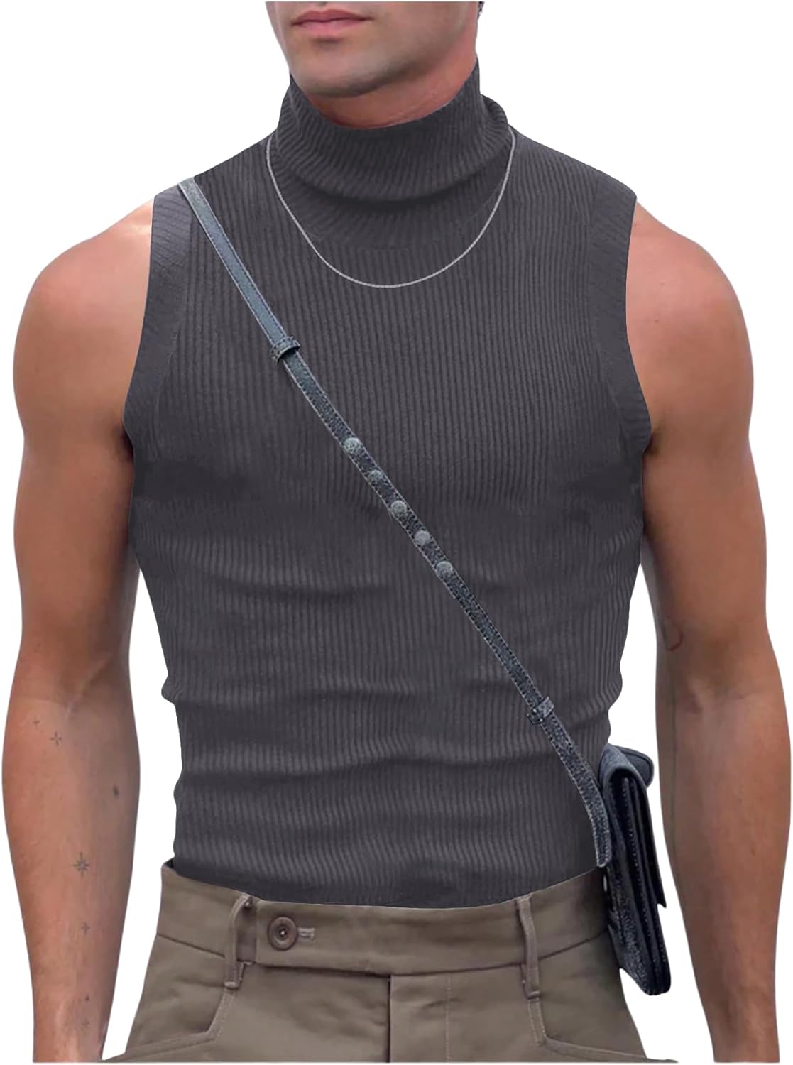 Men's Mock Turtleneck Tank Tops Ribbed Knit Slim Fit Sleeveless Shirts Casual Basic Tee Shirts