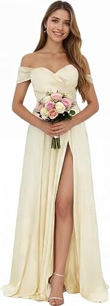 Womens Satin Off the Shoulder Bridesmaid Dresses for Women Long Ruched Formal Dress