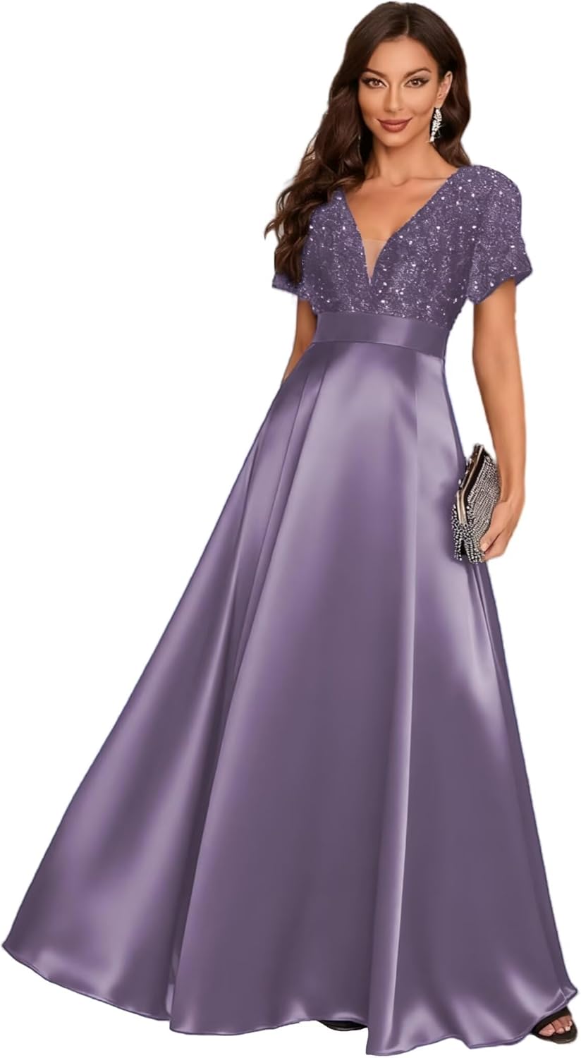 Long Mother of The Bride Dresses for Women V Neck Short Sleeve Sequin Satin Formal Evening Gown with Pocket