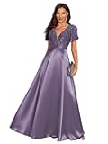 Long Mother of The Bride Dresses for Women V Neck Short Sleeve Sequin Satin Formal Evening Gown with Pocket