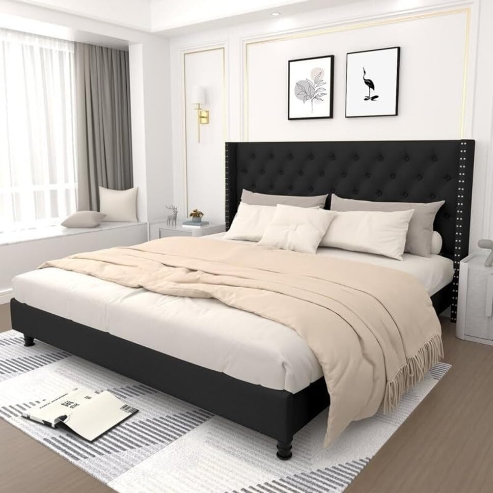 Image of Wooden Modern Upholstered Queen Size Bed for Bedroom | Wooden Double Bed Without Storage | Platform Cot Upholstered Bed with Upholstery Fabric | Engineered Wood | 6.5 x 5 Ft | Black Chosen