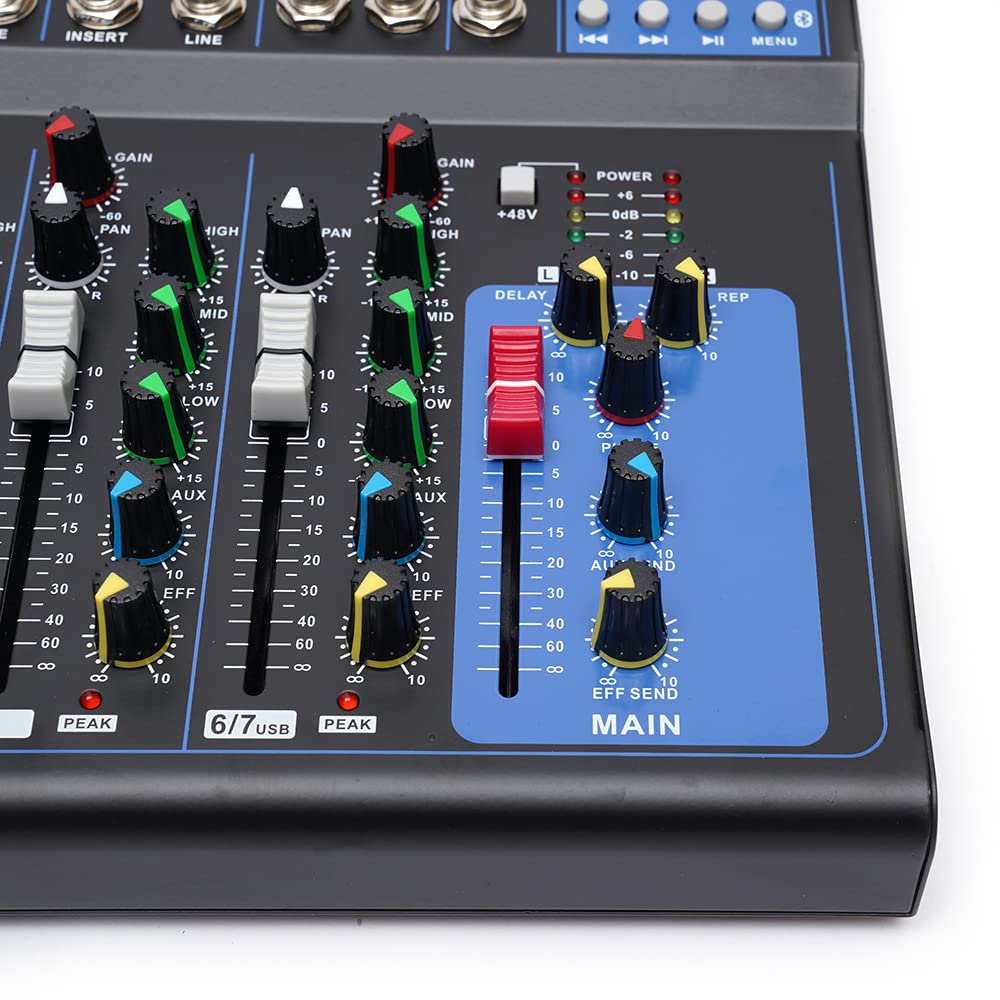 Audio DJ Mixer Soundboard Set de consola, 7 canales, 48 V, alimentación phantom con Bluetooth, USB, estéreo, Live DJ Studio Streaming para fiestas de grabación profesionales en el