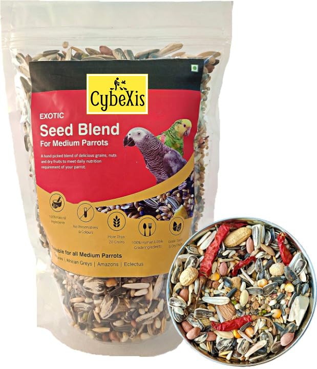 CybeXis Exotic Seed Blend of 20 Grains & Nuts with Spirulina, Bird Food for Medium Parrots, African Grey, Amazon, Conures, Eclectus of All Life Stages, 1kg