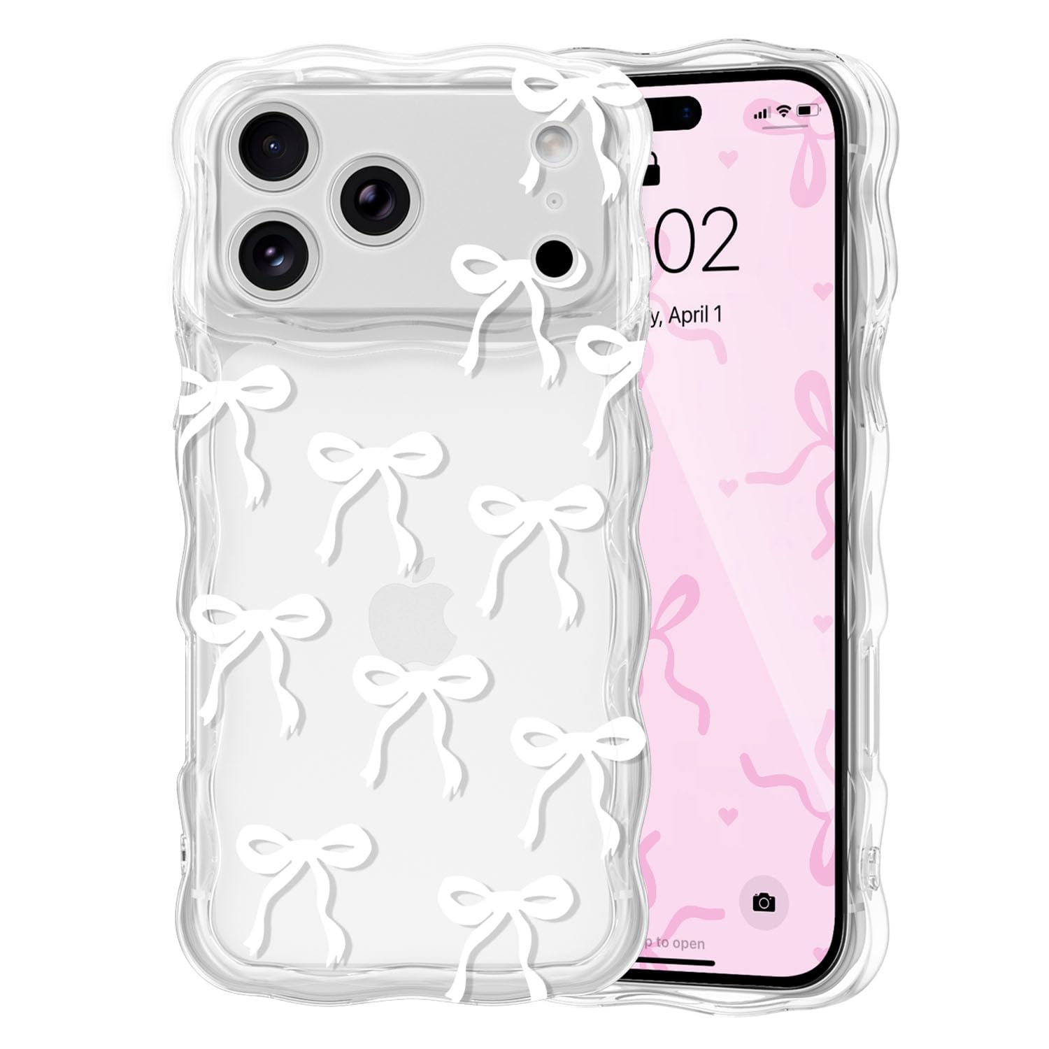 QLTYPRI Case for iPhone 17 Pro, Cute Ribbon Bow Curly Wavy Frame Clear Phone Case for Girls Women, Aesthetic Bowknot Transparent Soft Silicone TPU Bumper Shockproof Protective Cover - White