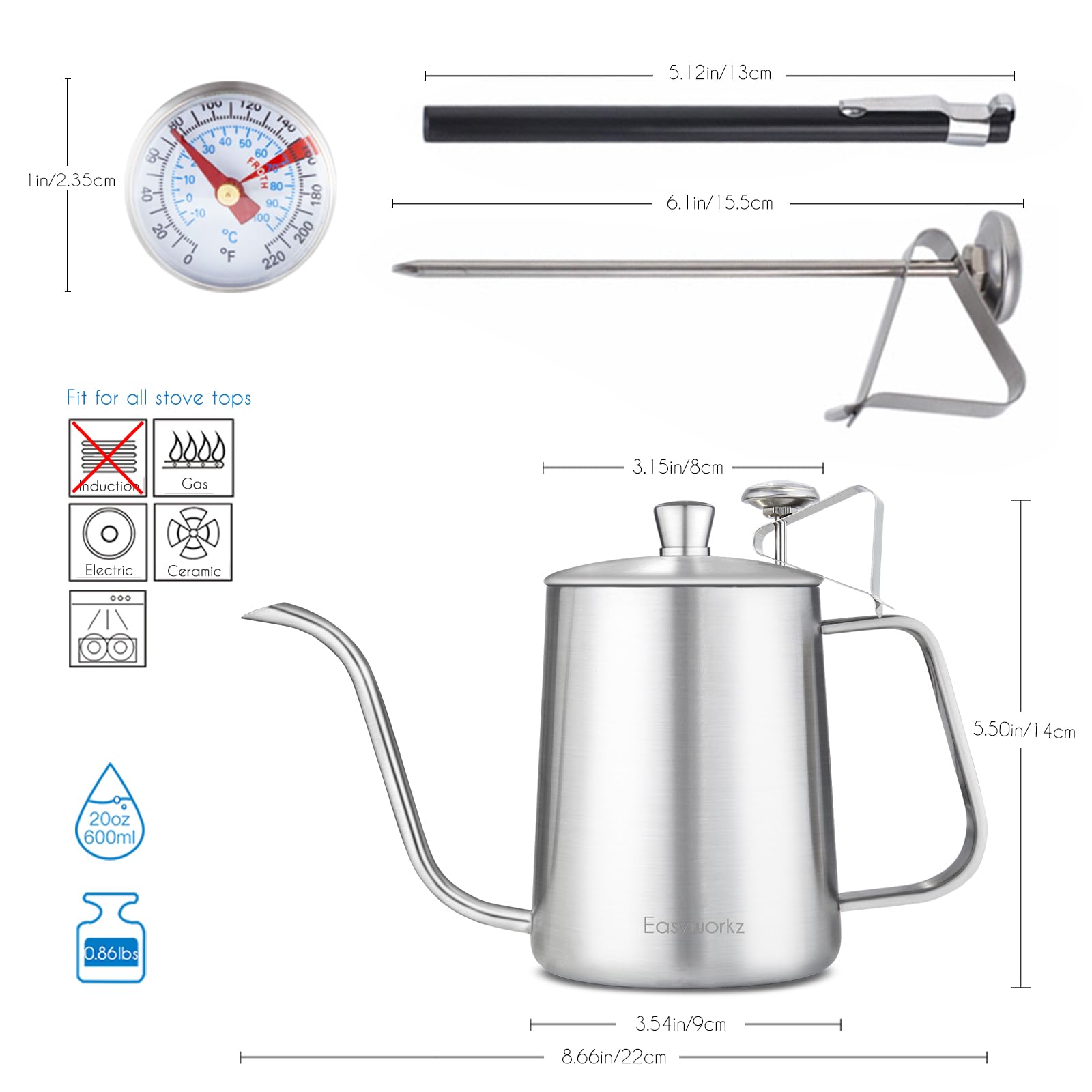 Gage - Hervidor de café de cuello de cisne para verter sobre 20 onzas con termómetro de acero inoxidable con boquilla larga y estrecha, color plateado 2
