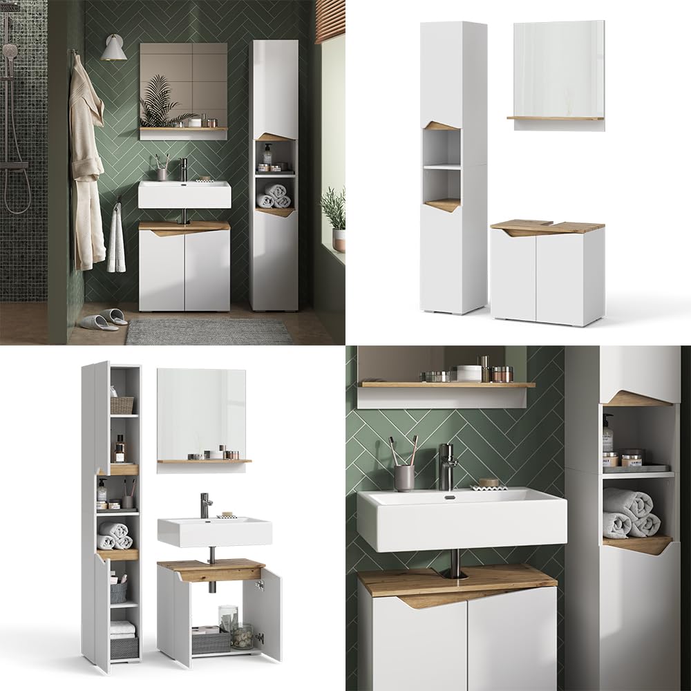 Vicco Meubles Bain Marelle, Blanc, 60 cm, composé d’Un Meuble sous-lavabo, d’Une Armoire Miroir et d’Une Colonne de Rangement