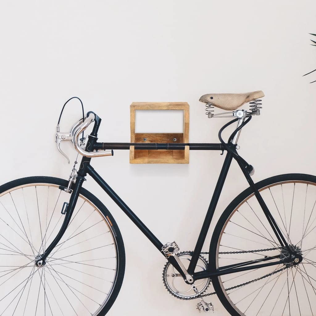 Fahrrad Wandhalterung aus massivem Mangoholz - Platzsparende Fahrradaufbewahrung für Garage und Balkon, 35x25x25 cm