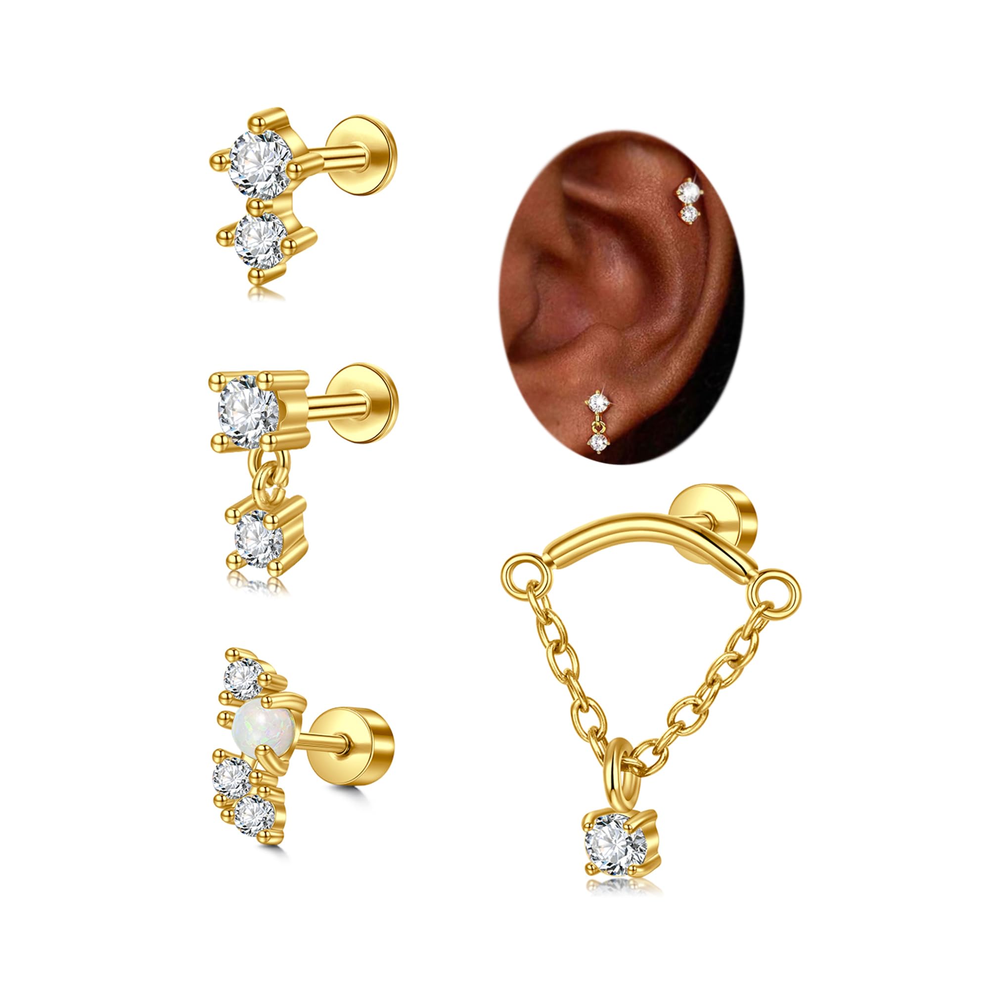 MODRSASilver Gold Cartilage Earring for Women Hypoallergenic Flat Back Earrings Threadless Helix Earring Tragus Studs 6mm Cartilage Jewelry Flatback Surgical Steel Butterfly Heart Earrings for Women