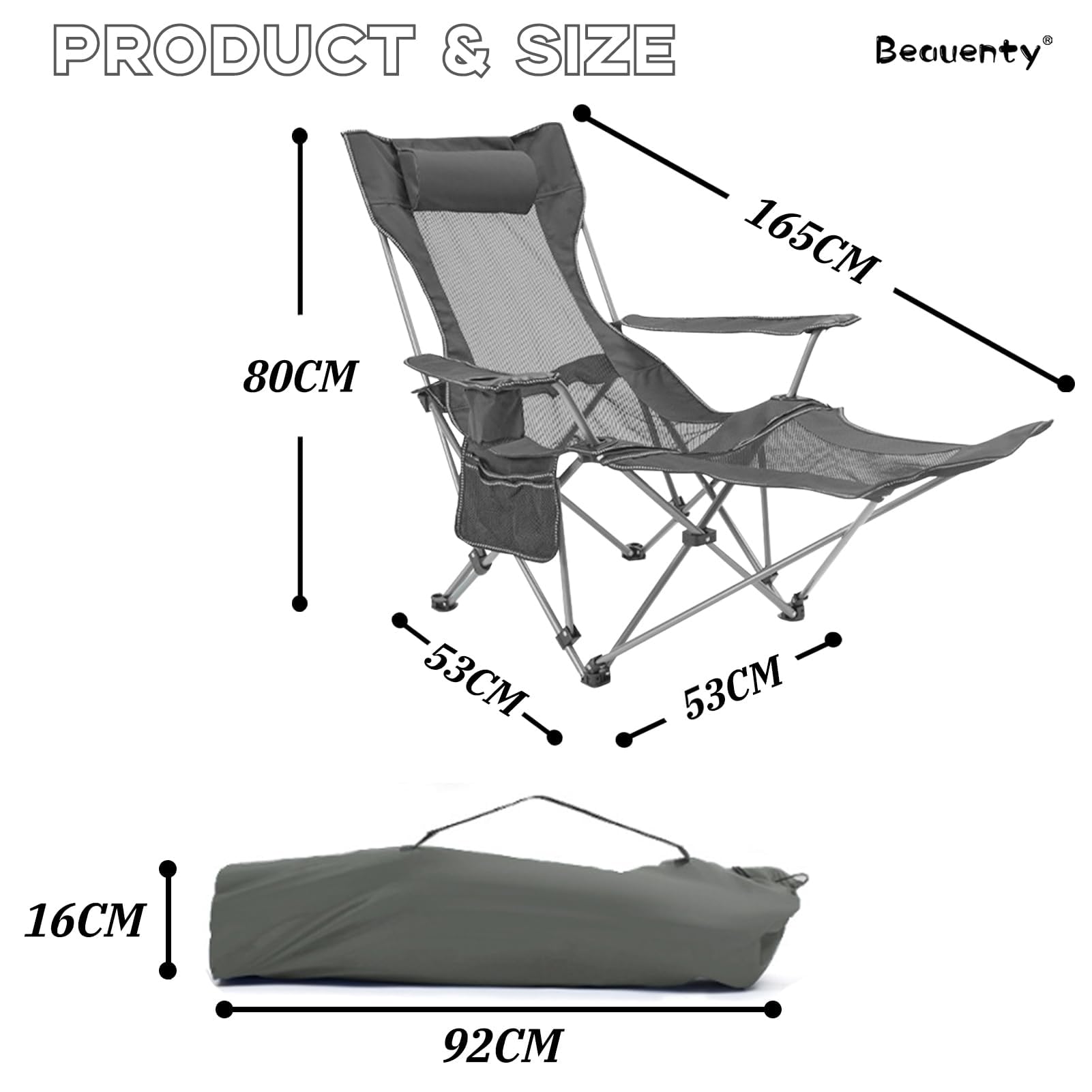Beauenty Portable Folding Dual -Purpose Beach Chair, Up To 130KG, Outdoor Lounge Chairs with Headrest, Detachable Footrest. Armchair for BBQ, Camping, sketching. (Dark grey)
