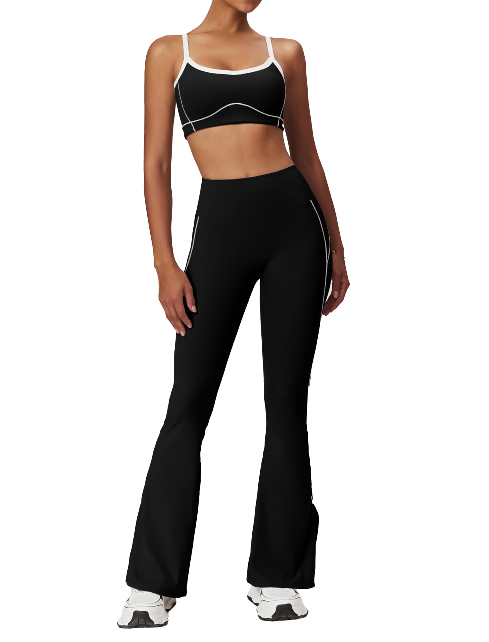 OMEWEE Yoga sets for women 2 piece Fashion contrasting lines Sports Bra and High Wasit Split hem Flared Leggings