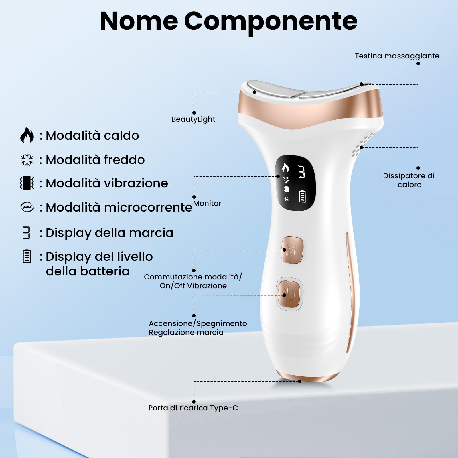 Massaggiatore Viso Lifting Antirughe a 15℃ del Freddo e 45℃, Bianco Perla