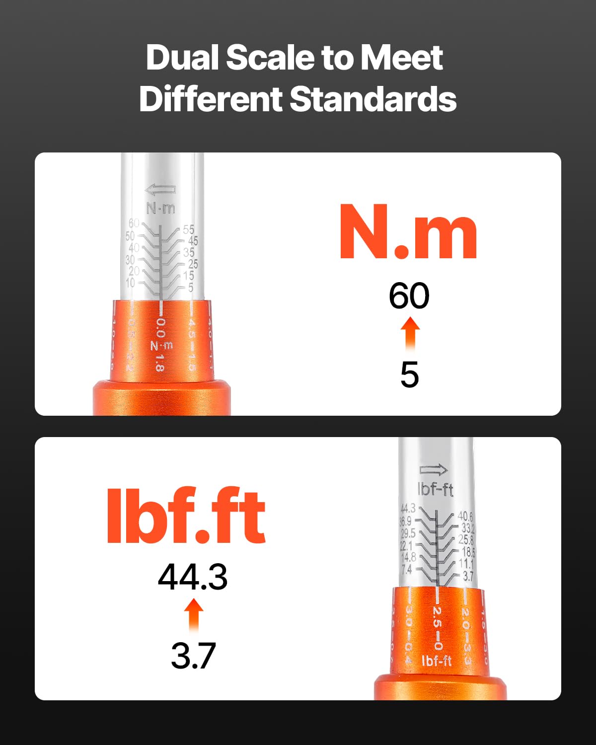 VEVOR Juego de Llaves Dinamométricas de Clic Accionamiento de 3/8" 5-60 Nm Bidireccional 72 Dientes con Vasos, Puntas, Barra de Extensión, Vasos para Bujías y Adaptador ±3% de Precisión Naranja