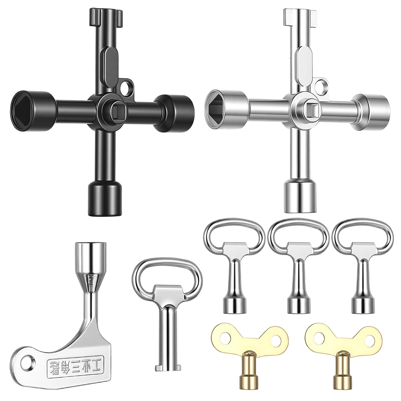 9 Pcs 4-Way Panel Key, 4-in-1 Heavy Duty Utility Key, Electric Box Keys, Triangle Keys, Cross Square Universal Radiator Bleed Keyss, for Faucet Gas Meter Box Keyss Valve Water Electrical Cabinet