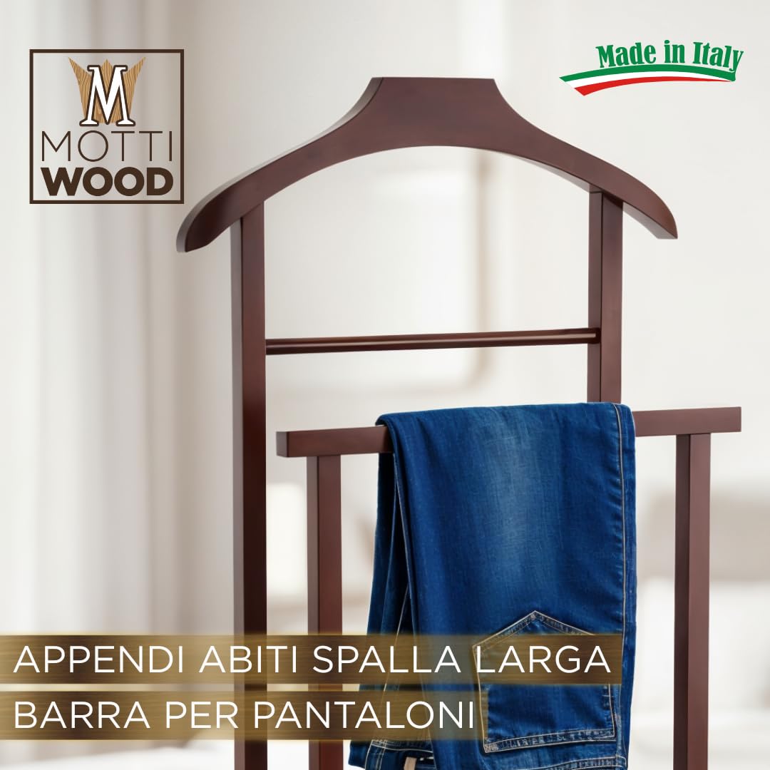 Juego de 2 percheros para dormitorio, color nogal, madera de haya natural, servo mudo doble con 4 ruedas, fabricado en Italia (2 unidades)