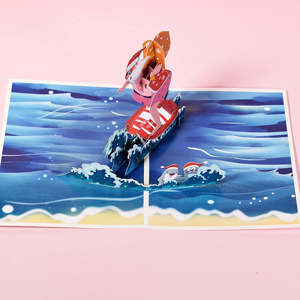 RAN 3D Weihnachten Grußkarten mit Umschlag,5 Pack Santa Claus Surfen Pop Up Weihnachtskarte Urlaub Geschenk