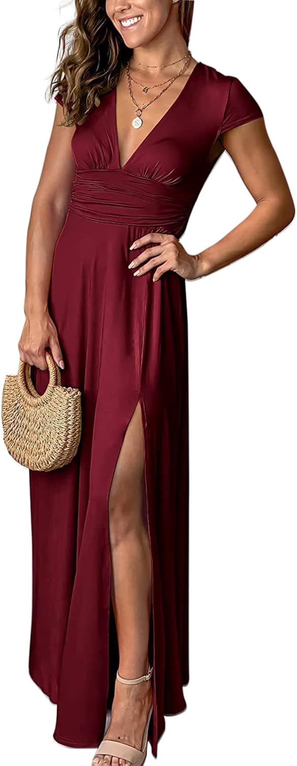 Yuopeid Women's Sexy Deep V Neck Solid Color Pleated High Waist Slit Club Party Evening Long Maxi Dress - Image 2