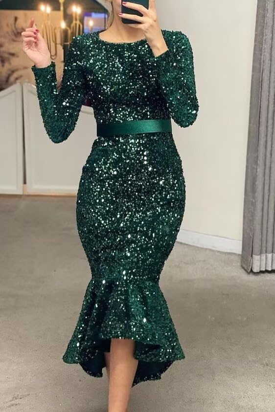 Long Sleeves Scoop Neck Mermaid Prom Dresses Sparkly Sequin Tight High Waist Formal Dresses Evening Party Gowns with Belt2