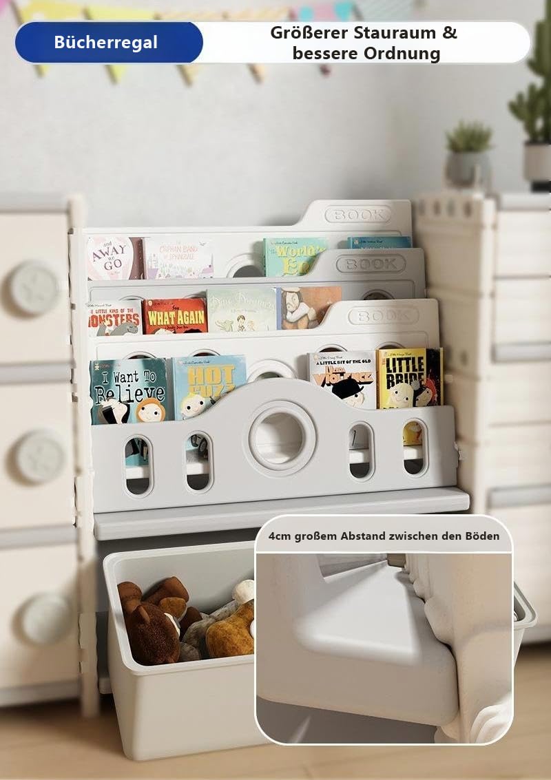 habeig Multifunktionales Kinderregal, Weiß, Kunststoff, mit Bücherregal und XL-Aufbewahrungsboxen, Spielzeugregal mit Türen, Kinderzimmerorganisation, 110 x 88 cm inkl. Boxen #202852