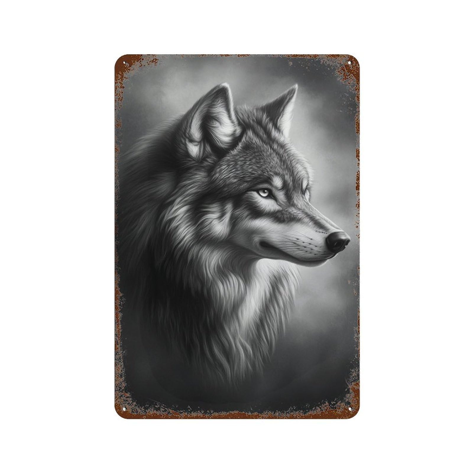 Gray Wolf Portrait Art Print 11.8"x7.9" Rustic Tin Plaque, Novelty Wall Decor for Bistro, Counter And Cafe Decor