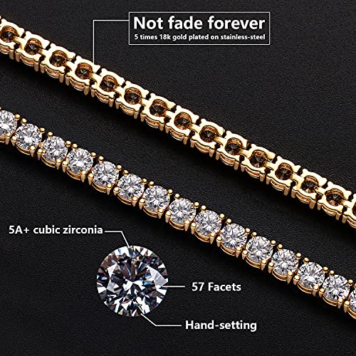 GOLD IDEA JEWELRY Iced Out Hip Hop 4mm/5mm Cubic Zirconia Stainless Steel Tennis Chain Necklace or Bracelet for Men Women (8.5, 18k- 4mm) — view 2