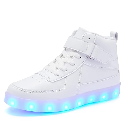 Bepoaa Kids LED Light up Shoes USB Charging Flashing Light Up High-top Sneakers for Boys and Girls Child Unisex (White, Numeric_3_Point_5)