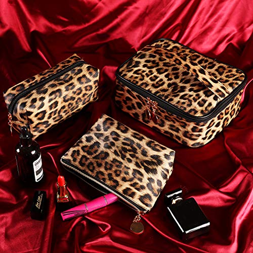 3 Pieces Leopard Print Cosmetic Bag Set Cheetah Toiletry Travel Makeup Bag Portable Makeup Pouch Brush Organizer Purse Handbag For Women #TOP1