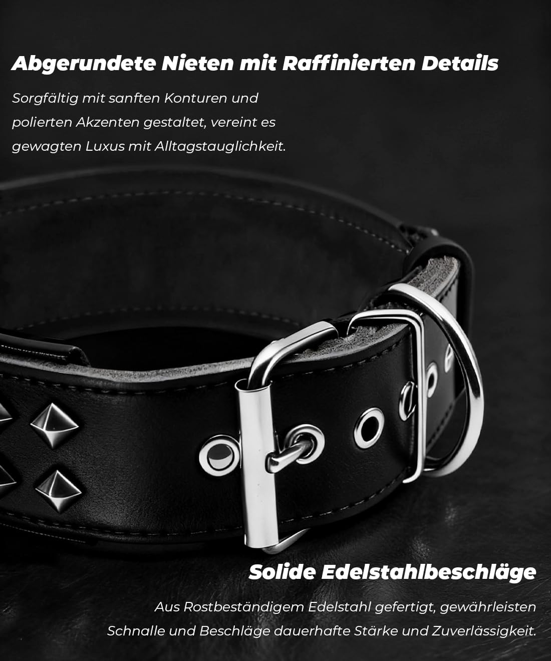 EliteGuard Collar de Perro de Cuero de 5,6 cm de ancho, hecho a mano con remaches y hebilla de acero inoxidable, para uso diario en perros grandes, color negro, 57,5-67,5 cm