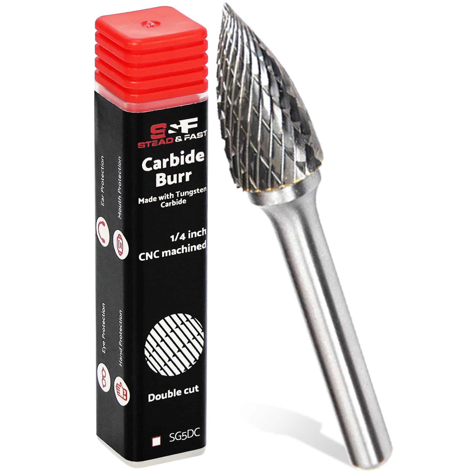 S&F STEAD & FAST Carbide Burr with 1/4” Shank 1/2” Cutter Dia 1” Length, Professional Grade Tungsten File, Die Grinder Bit for Metals, Rotary File Tree Pointed Shape, Grinding Burr bit