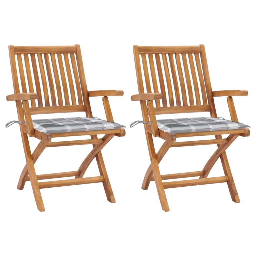 Chaise de jardin pliante en teck (lot de 2) avec coussins gris pour terrasse et balcon