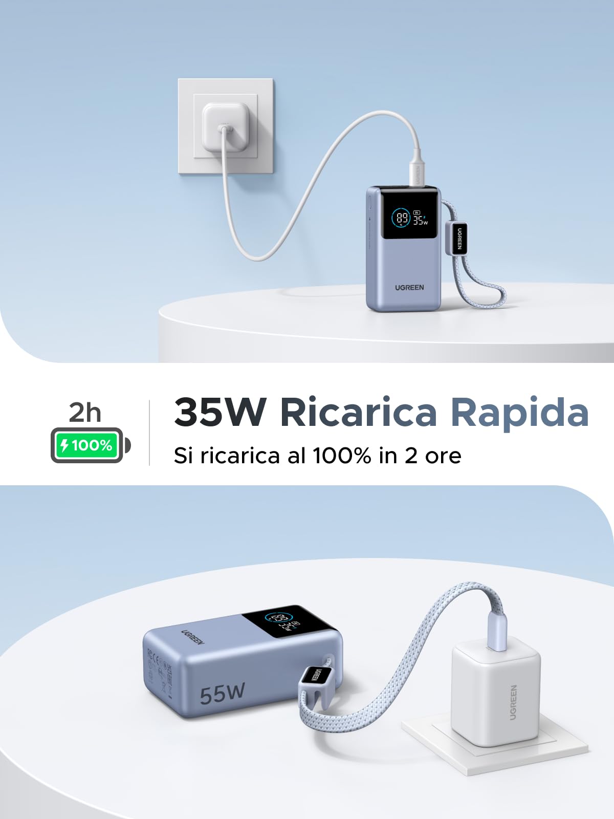 UGREEN Power Bank 10000mAh 55W con Cavo Integrato HyperCharge per Xiaomi, Batteria Esterna Ricarica Rapida PD 45W Compatibile con iPhone 17/16/15, Galaxy S25 Ultra e Altri