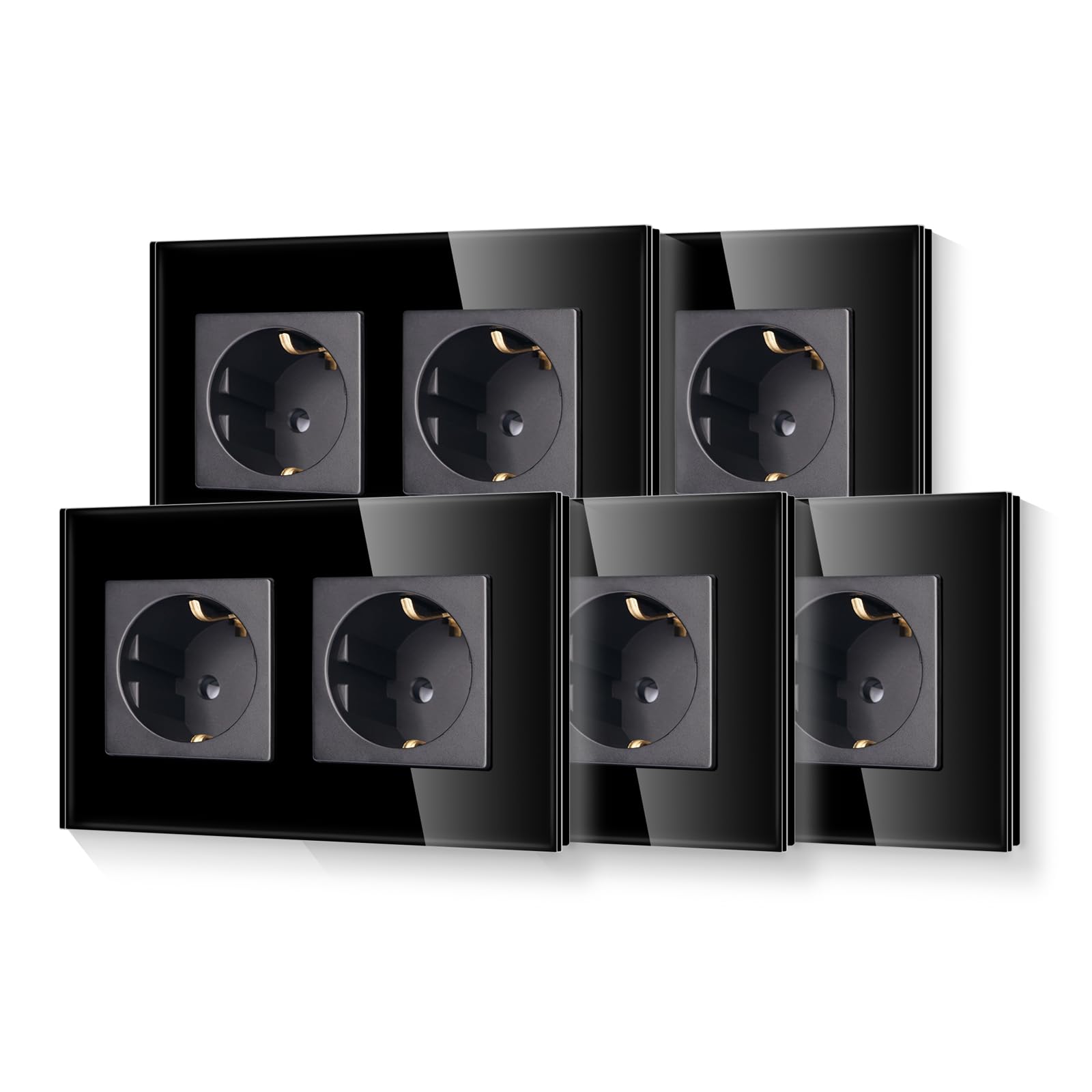 LIAONFOY Glas Schuko Doppel Steckdose Unterputz Wandsteckdose Schwarz Farbe mit Glasrahmen 16Amp 110-250V 157mm 5 Stück