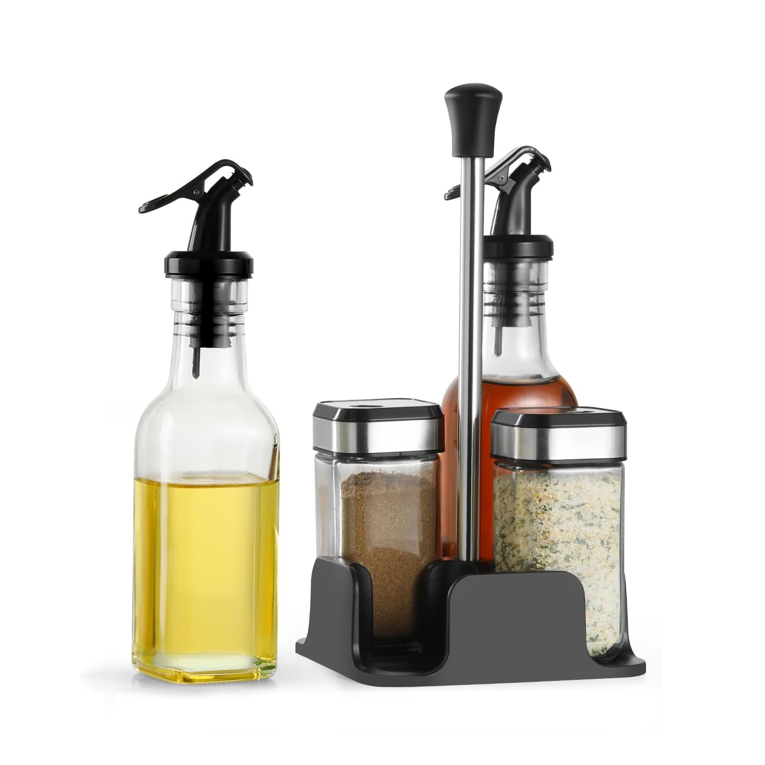 Set di barattoli per spezie girevoli, 2 barattoli per spezie da 120 ml, rettangolari, 1 portaspezie, 2 bottiglie per olio di aceto, spezie per spezie, sale