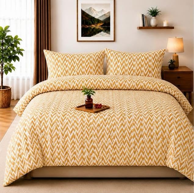 Image of NEW LEAF Cotton Fitted King Bedsheets with 2 Pillow Covers | Elastic Fitted | Wrinklefree | Ultrasoft |Winter Bedsheet 200 to 220 tc Floral | 78x72+10 Inches, Mustard Yellow